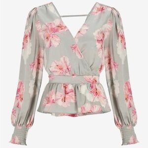 Express Floral Faux Wrap Tie Back Peplum Top